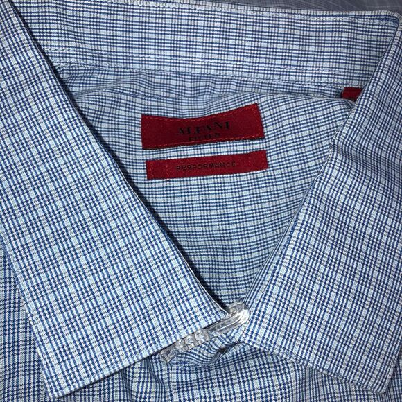 Alfani Mens Fitted Performance Button Up Dress Shirt Sz 18 34-35 XXL Blue Plaid - Picture 3 of 10